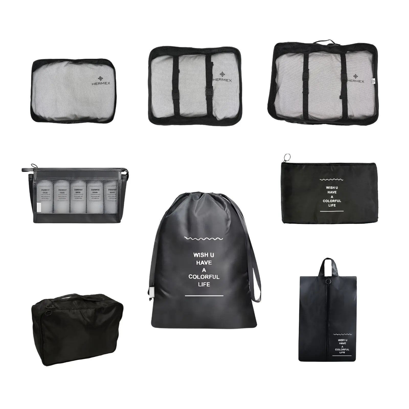 TravelCore Black - 8-teiliges Reise-Organizer-Set Try Unyque