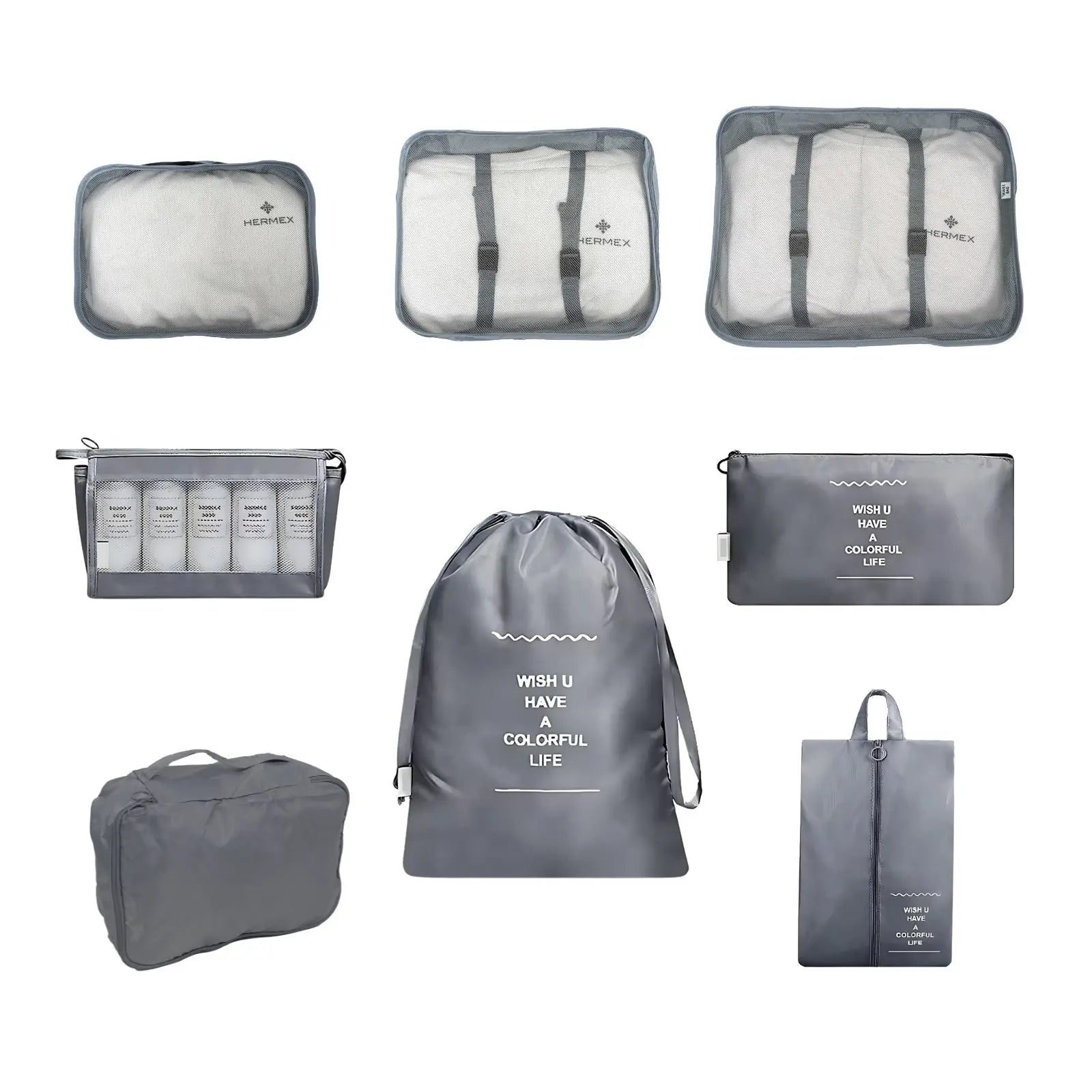 TravelCore Grey - 8-teiliges Reise-Organizer-Set Try Unyque